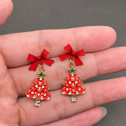 Rhinestone Red Enamel Christmas Tree Bow Post Earrings