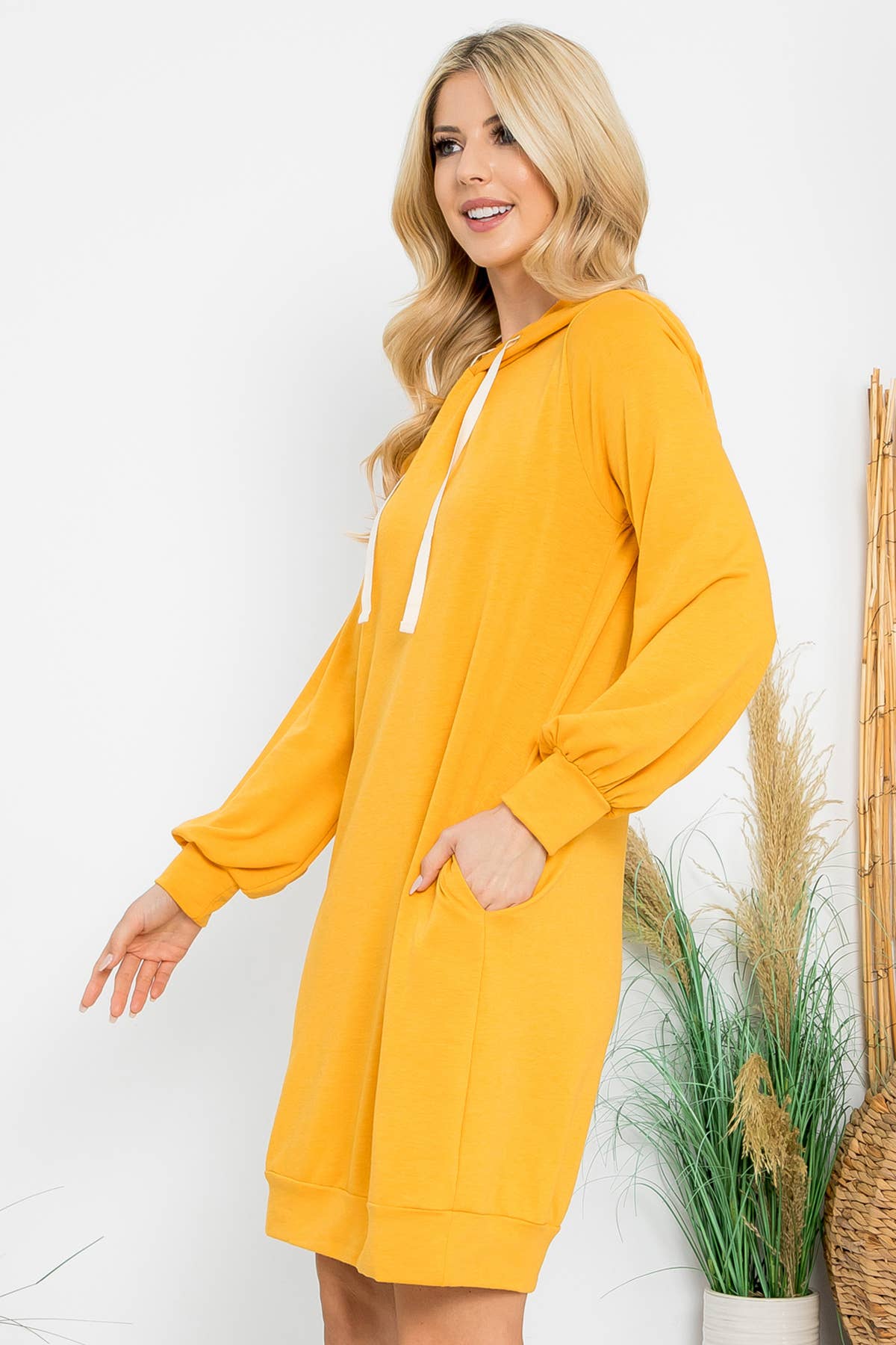 FRENCH TERRY LONG PUFF SLEEVE HOODIE DRESS