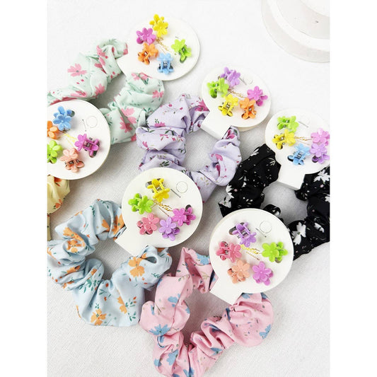 Kids Flower Theme Scrunchie and Mini Clip Set