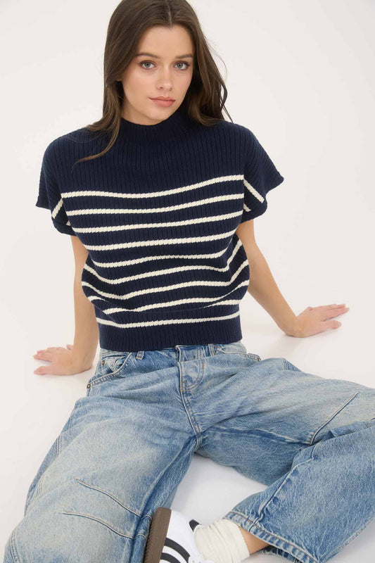 STRIPE MOCK NECK SHORT SLEEVE KNIT SWEATER
