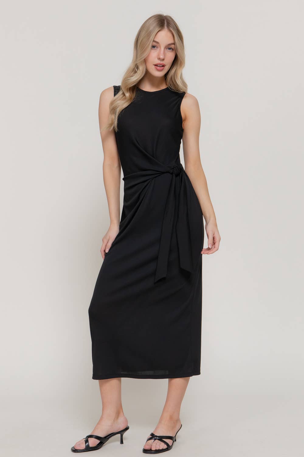 Sleeveless Round Neck Midi Dress with Waist Detail