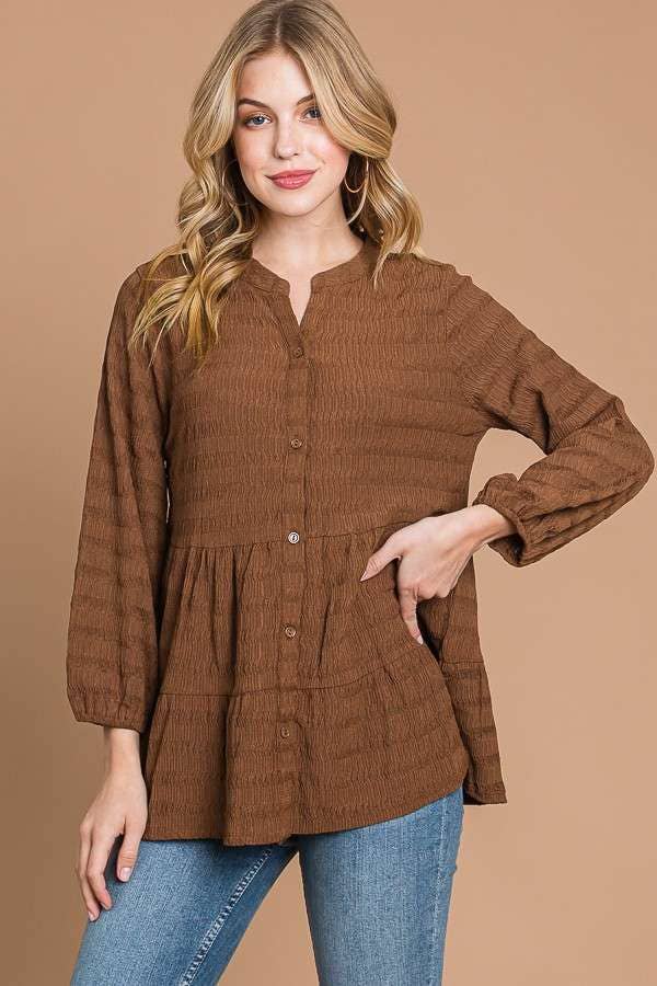 BUTTON DOWN TIERED 3/4 SLV BLOUSE