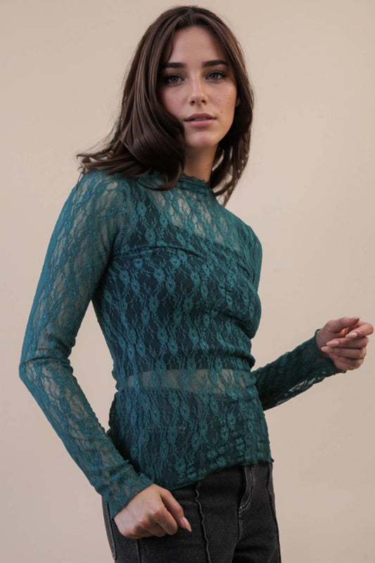 High Neck Fitted Sheer Mesh Lace Knit Top ~ Forest