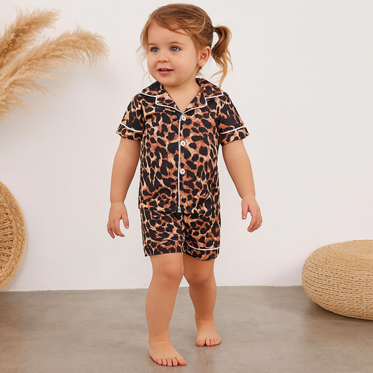 Brown Leopard Short Sleeve Girl 2pcs Pajamas Set
