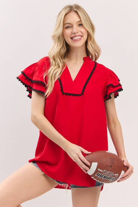 Game day Ruffle Sleeve Scallop Trim Top