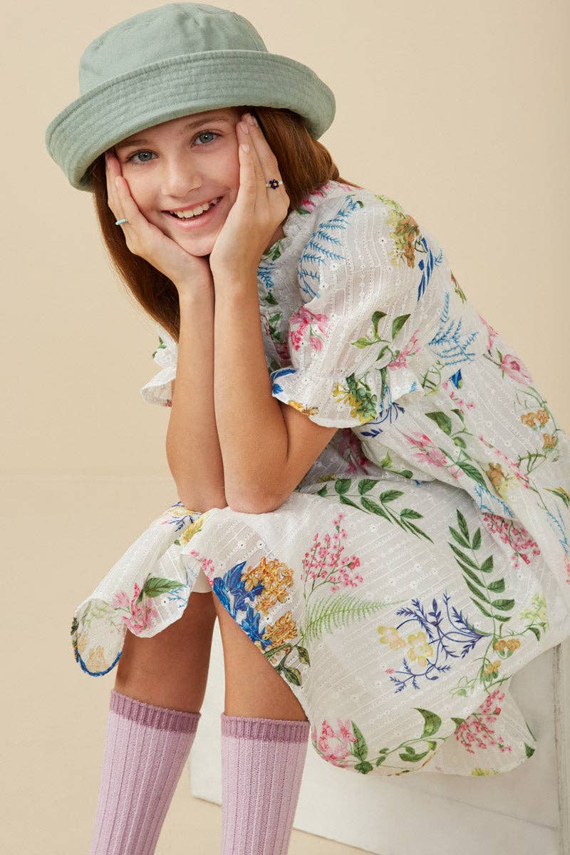 Girls Embroidered Textured Botanical Buttoned Dress