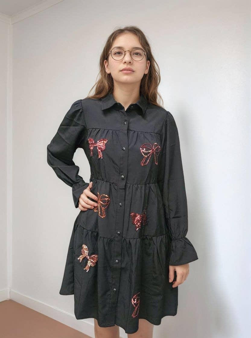 Sequins Bow Puff Sleeve Long Sleeve Dress