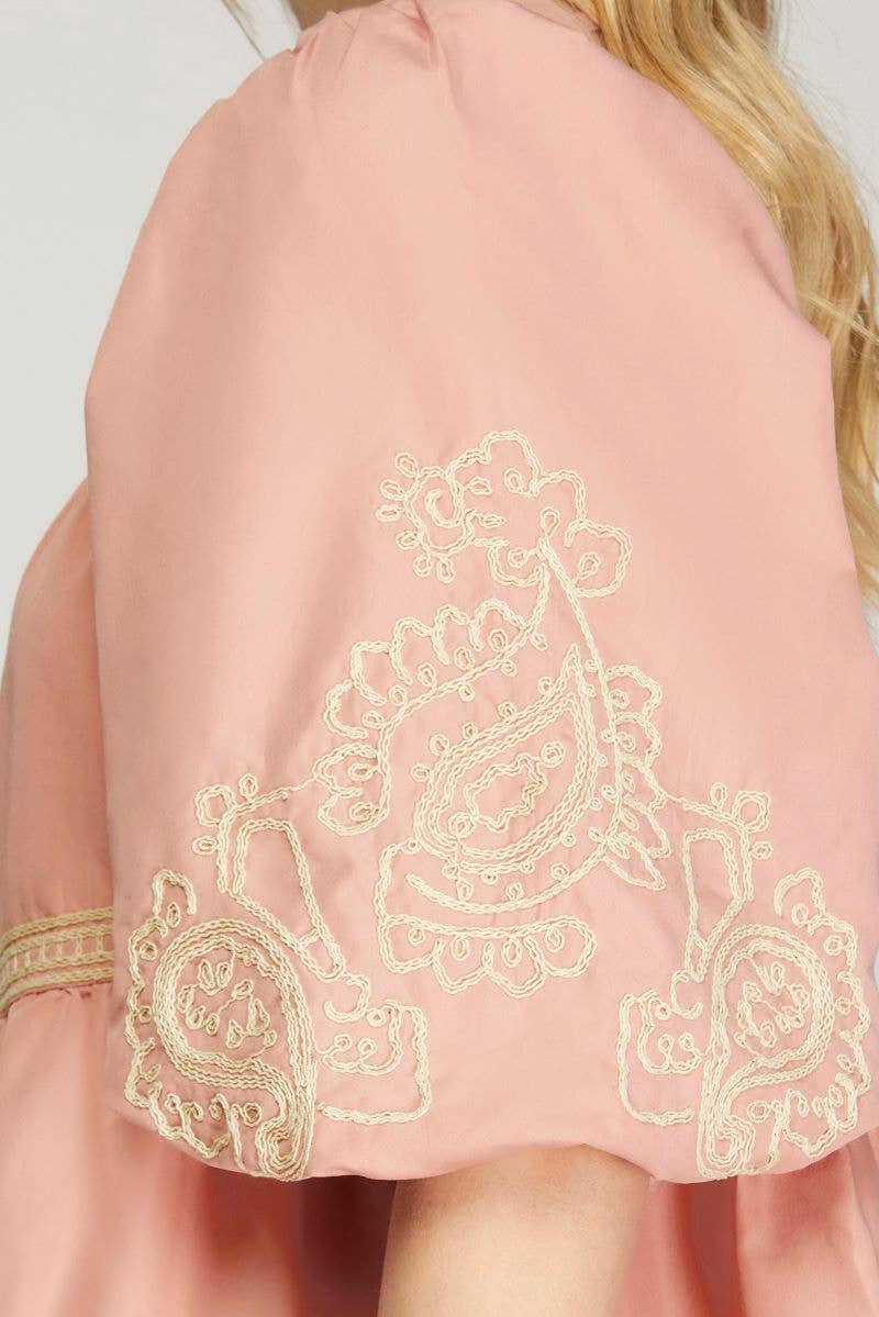ROSE EMBROIDERED PUFF SLEEVES TIERED WOVEN MINI DRESS