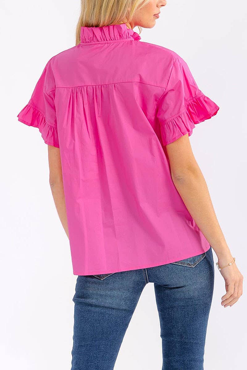 SHORT SLEEVE V-NECK RUFFLE BLOUSE
