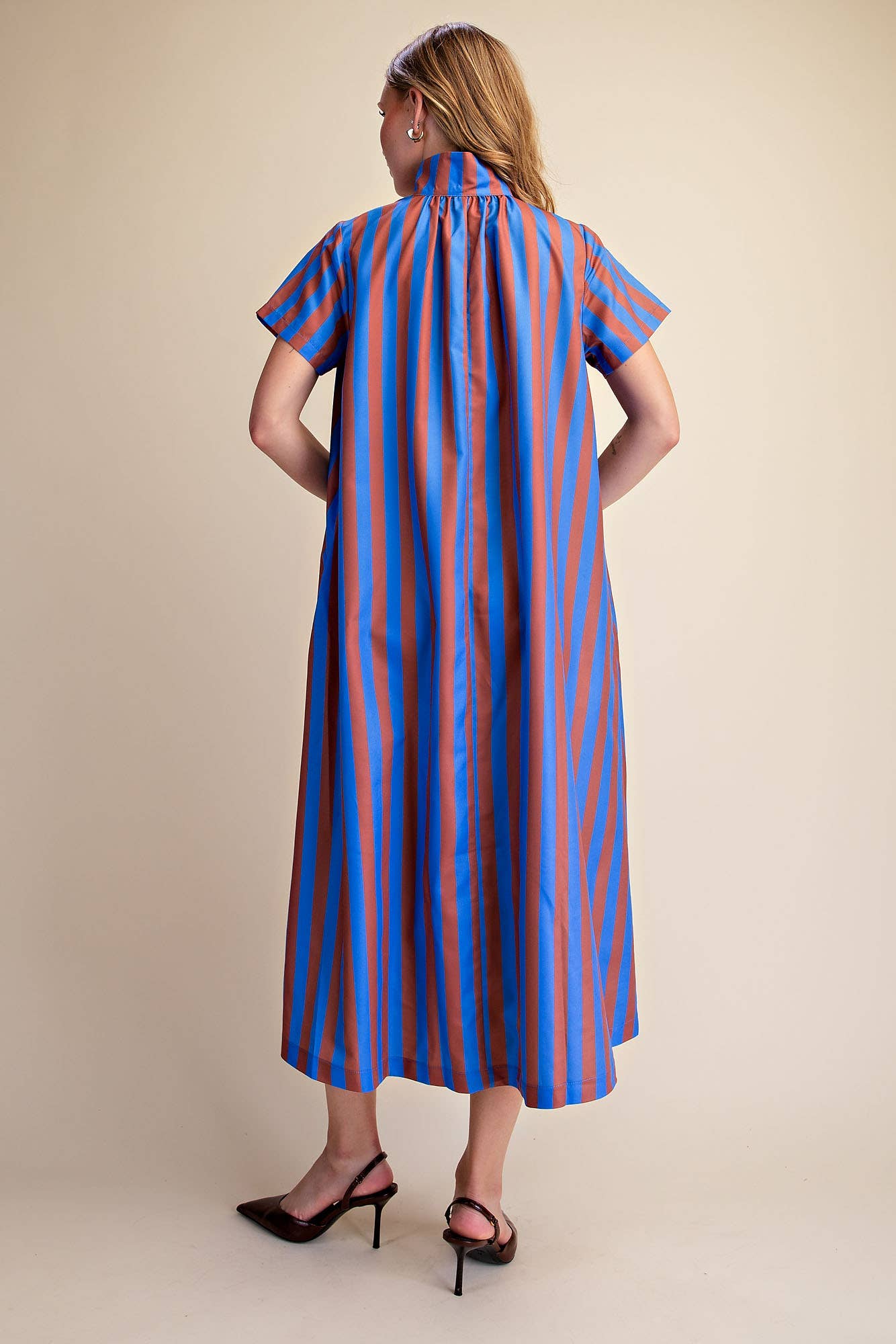 Stand High Neck Stripe Midi Dress
