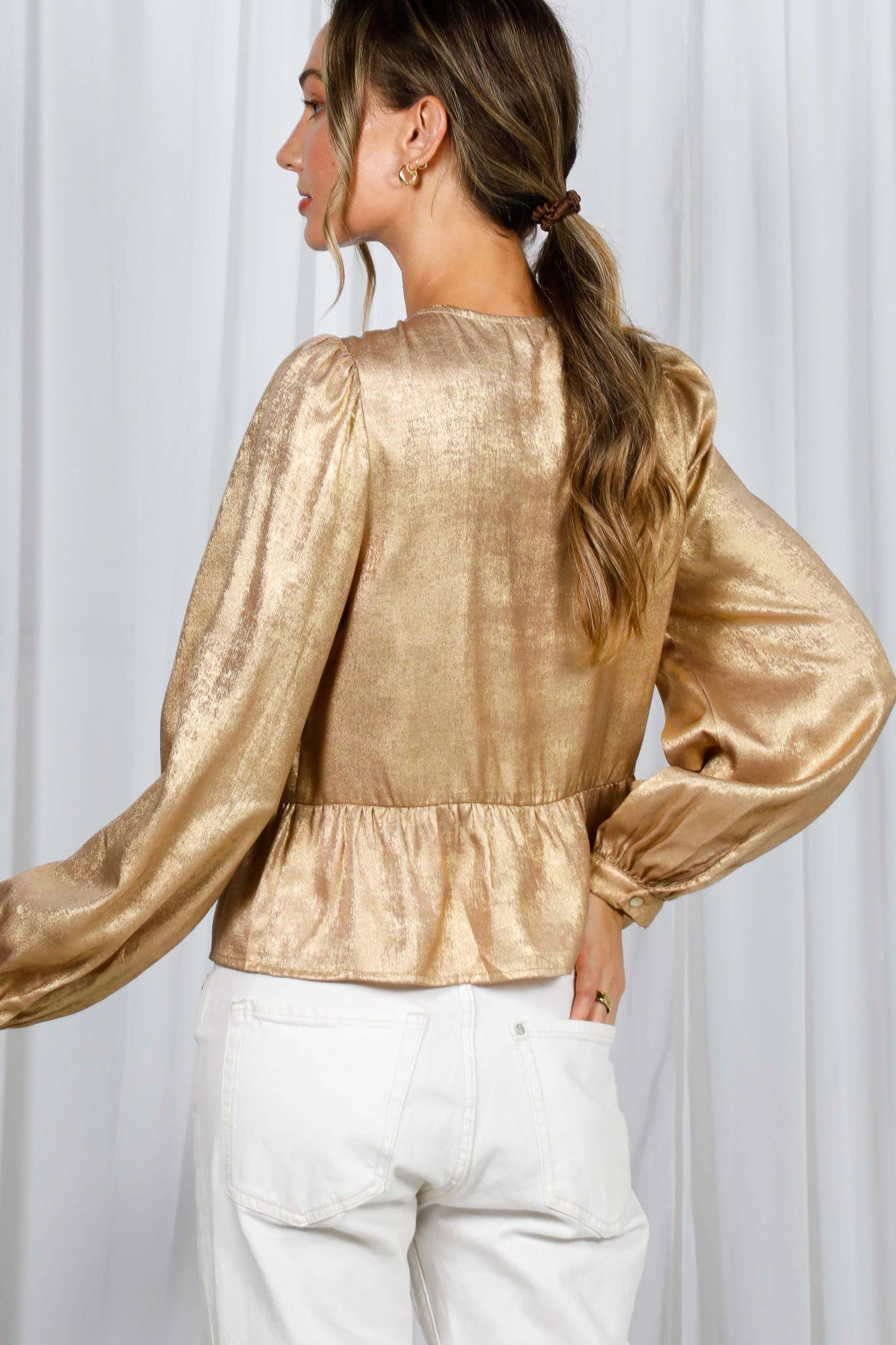 Gold Tie Front Design Metallic Gold Blouse Top