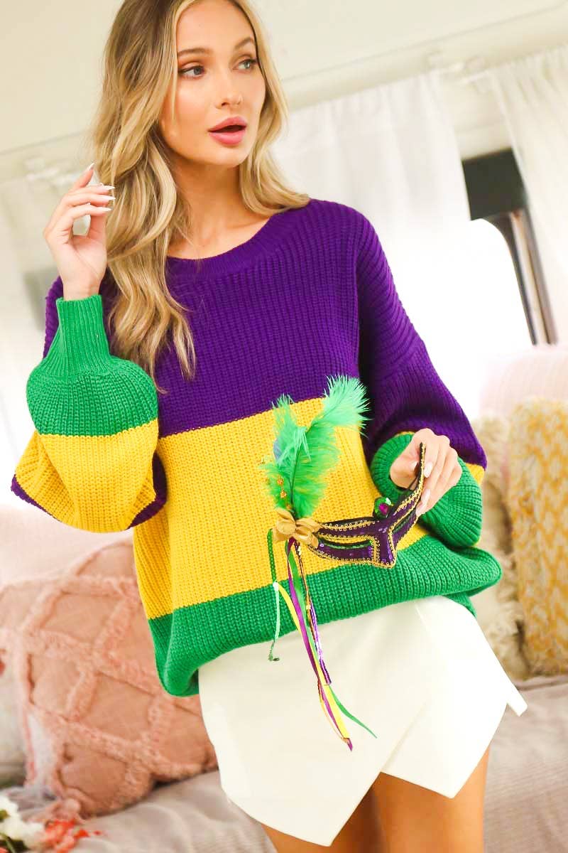 Color block Mardi Gras Round Neck Knitted Sweater