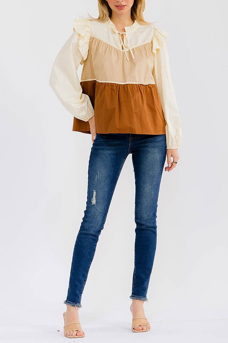 LONG SLEEVE V-NECK TIERED COLORBLOCK BLOUSE