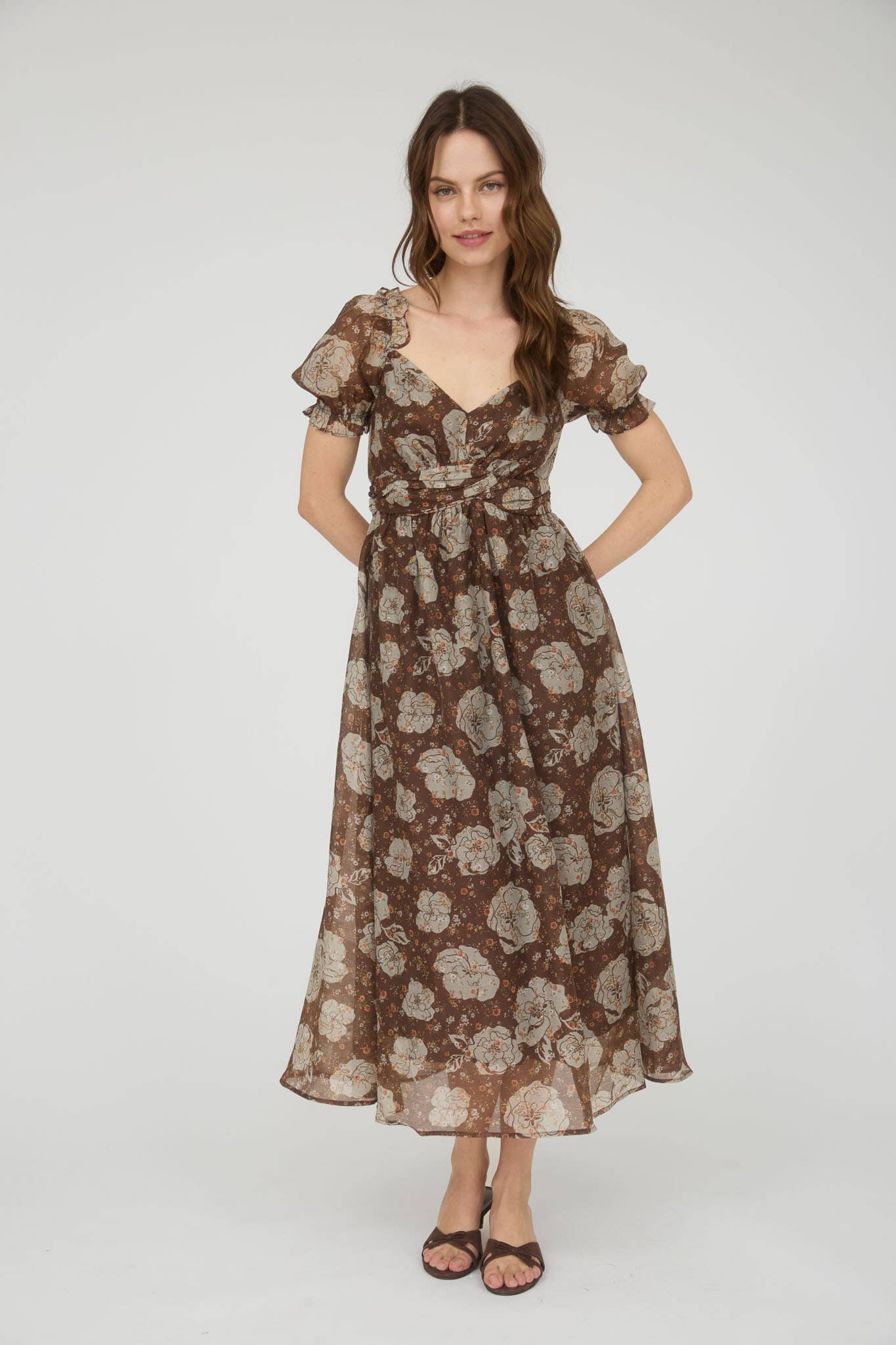 FLORAL SWEETHEART NECK BACK TIE MIDI DRESS