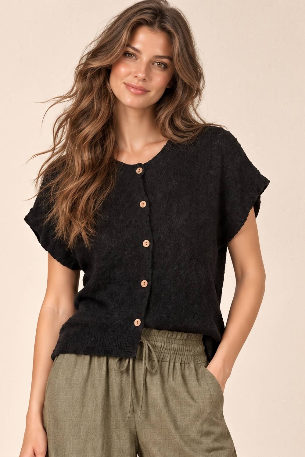 Black Button Down Solid Knit Sweater Top