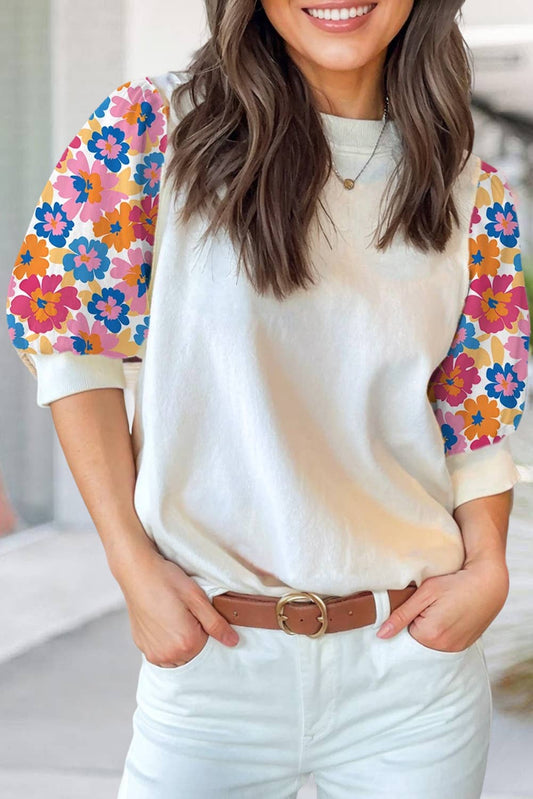 Floral Puff Sleeve Round Neck Top