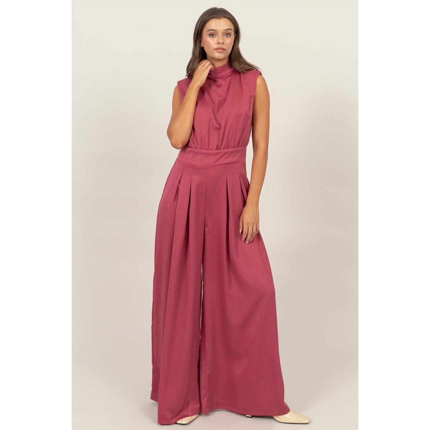 SLEEVELESS WIDE LEG SATIN JUMPSUIT