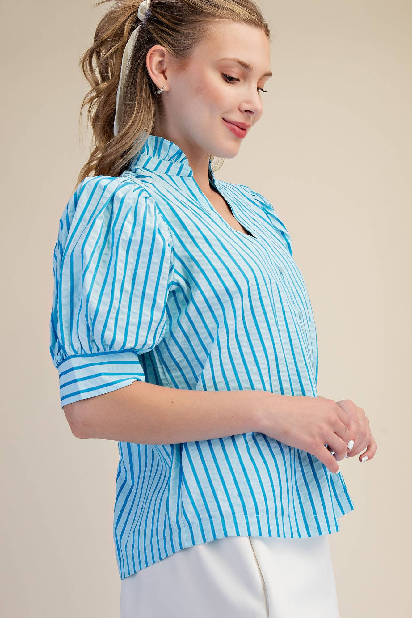 Ruffle V-neck Puff Sleeve Button Down Shirt