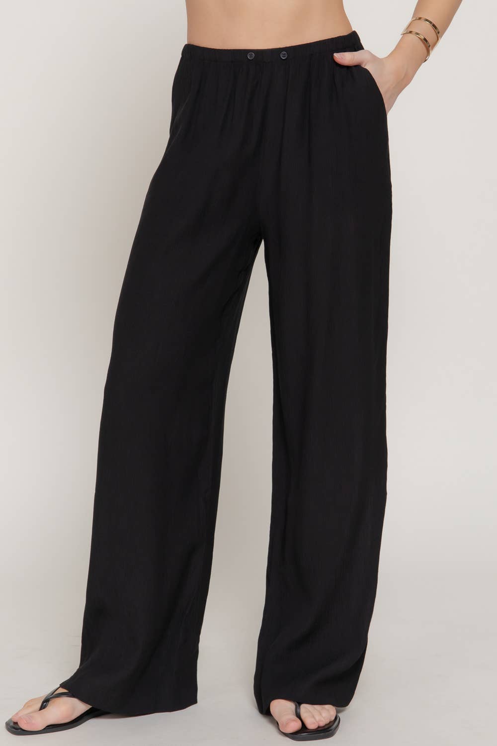 Elastic Waistband Crinkle Woven Long Pants