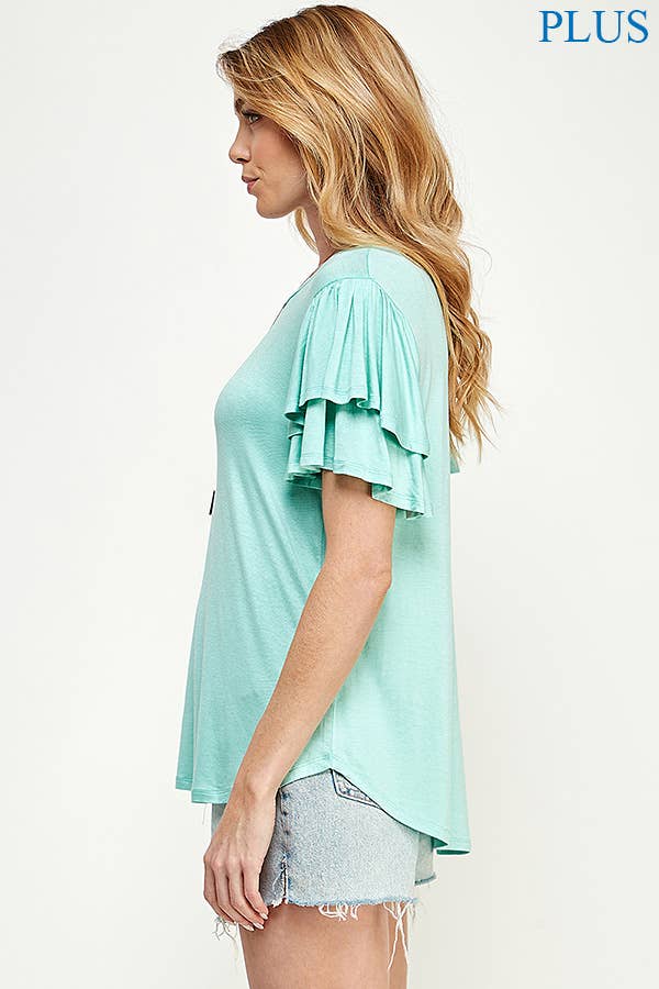 Plus Round Neck Semi Loose Ruffle Sleeve Top