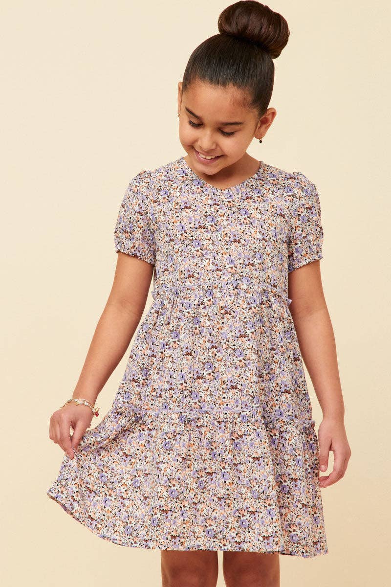 Girls Ditsy Floral Tiered Puff Sleeve V Neck Dress
