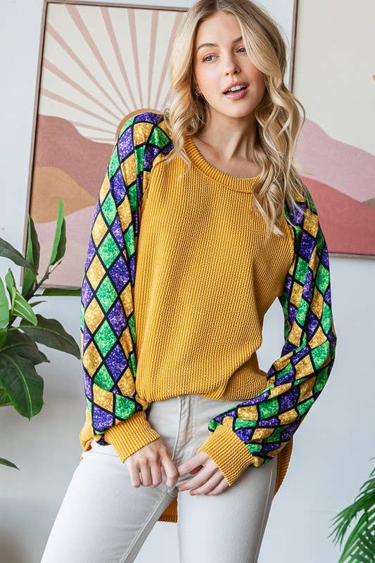 MARDI GRAS LONG SLEEVE URBAN RIBBED TOP ~ Faux Glitter Sleeve