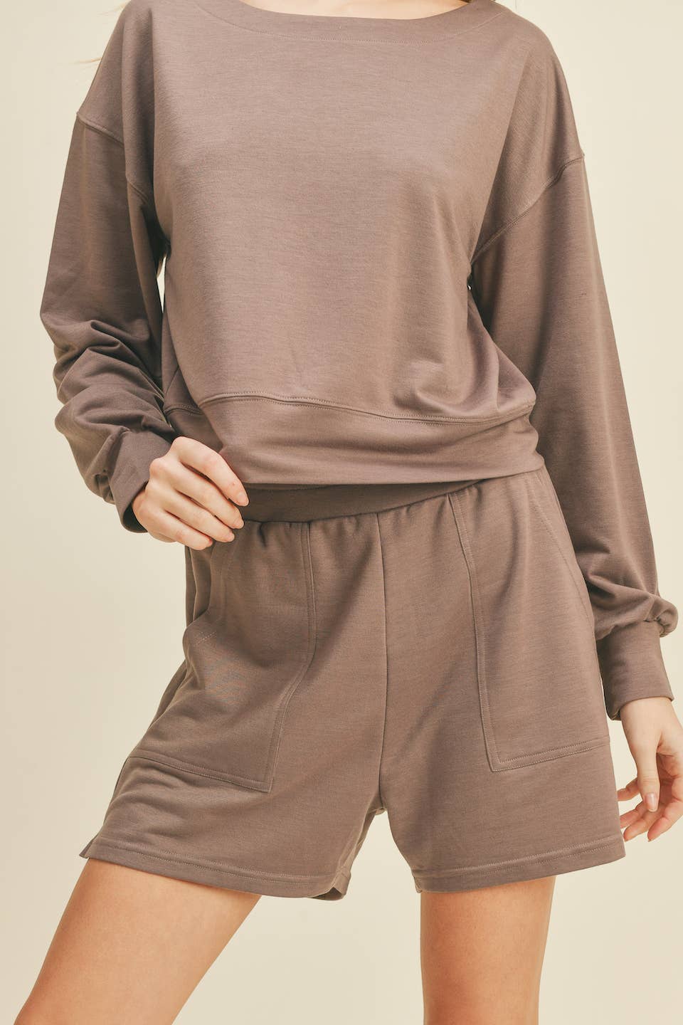 Mocha Wide Neck Sweatshirt and Shorts Set