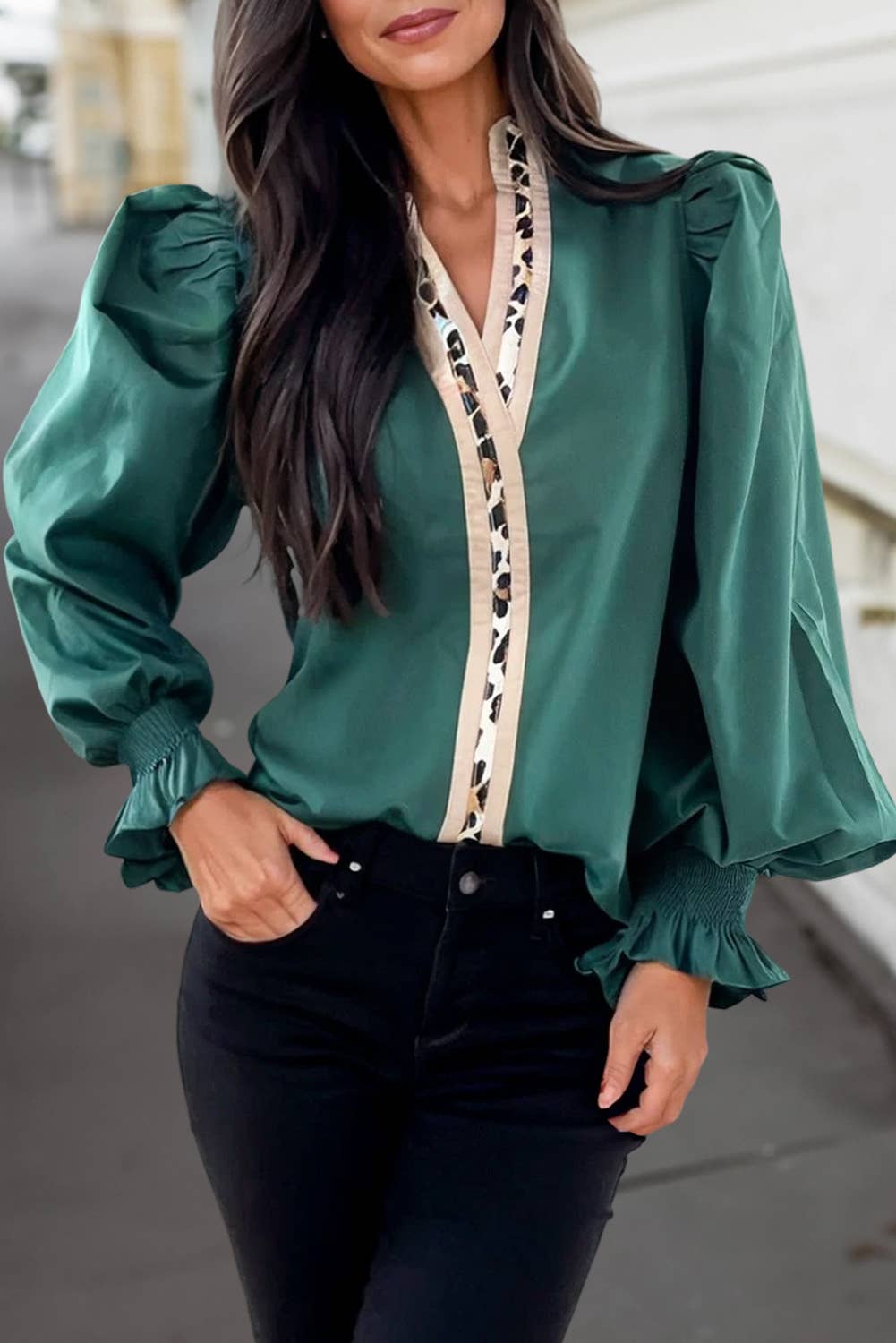 Leopard Contrast Trim V Neck Ruffle Blouse