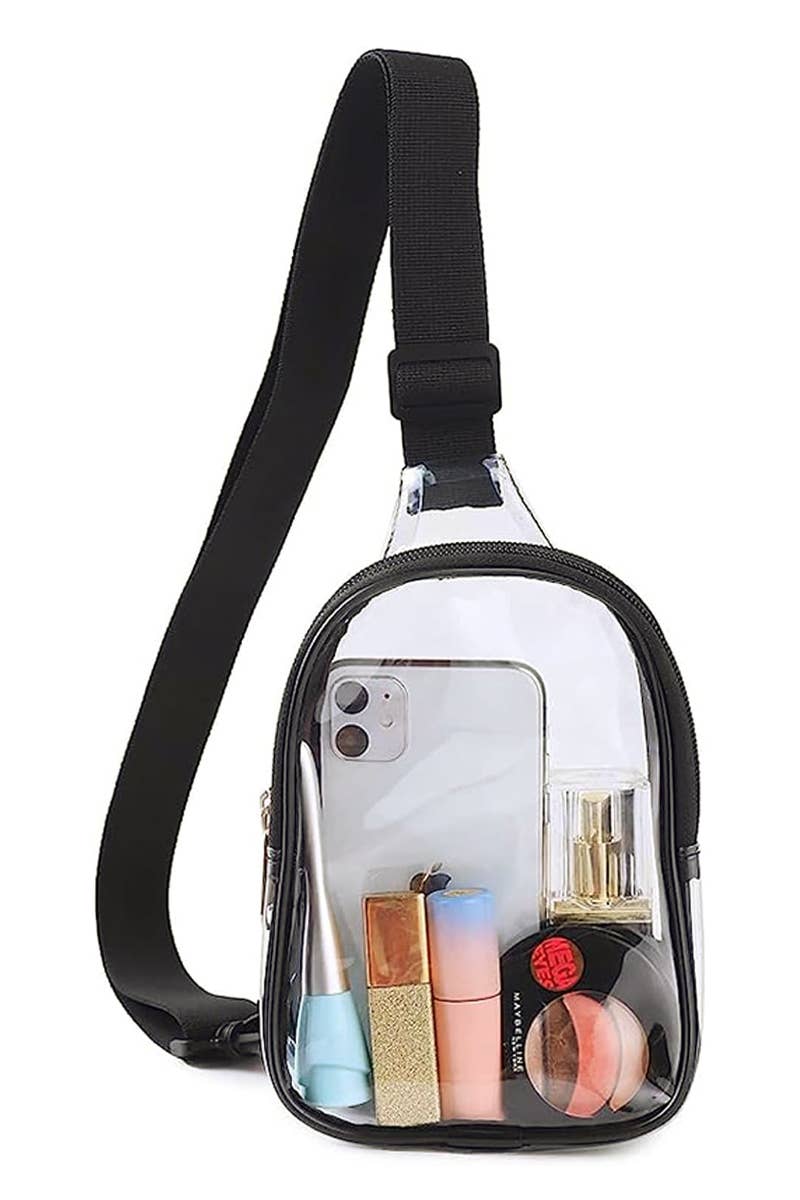 Clear Durable PVC Double Zip Shoulder Sling Bag: Black