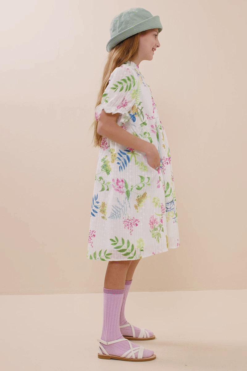 Girls Embroidered Textured Botanical Buttoned Dress
