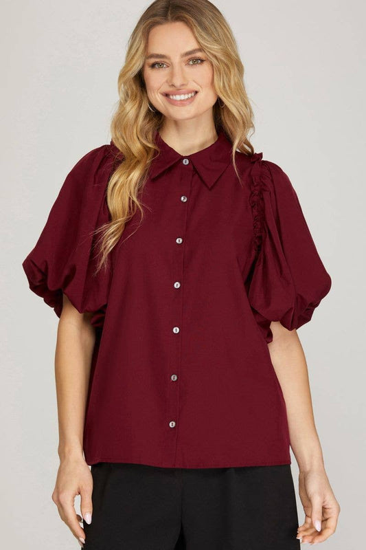 BURGUNDY BUBBLE SLEEVES BUTTON DOWN TOP