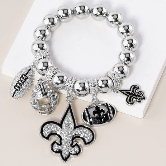 Fleur de Lis Football Theme Charms Metal Ball Bracelet