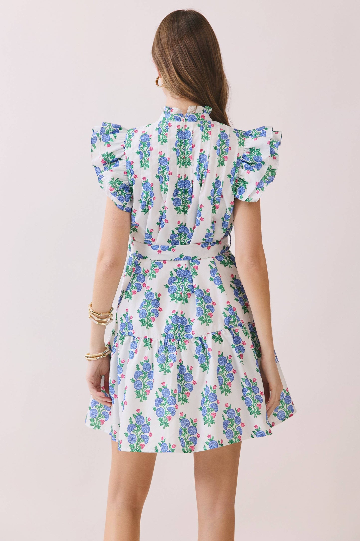 Floral Pleated Bodice Ruffle Sleeve Mini Dress