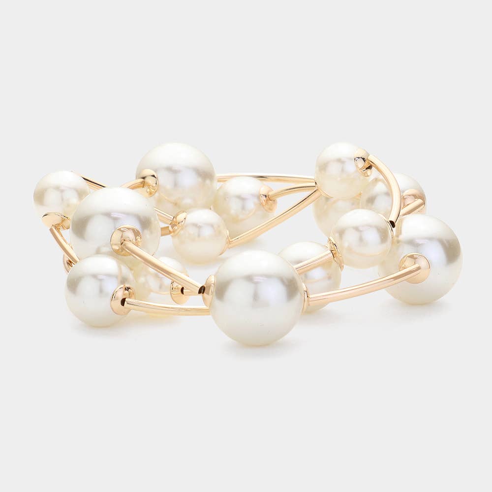 3PCS - Pearl Stretch Multi Layered Bracelets: Yellow Gold