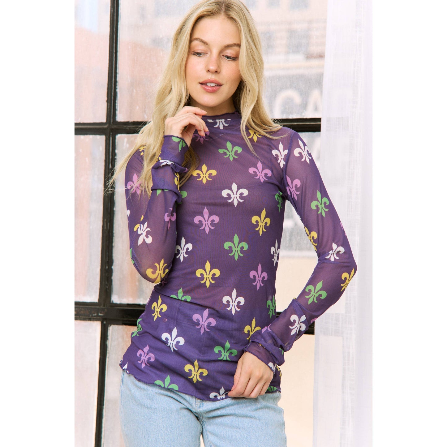 MARDI GRAS PRINT HIGH NECKLINE CROP TOP