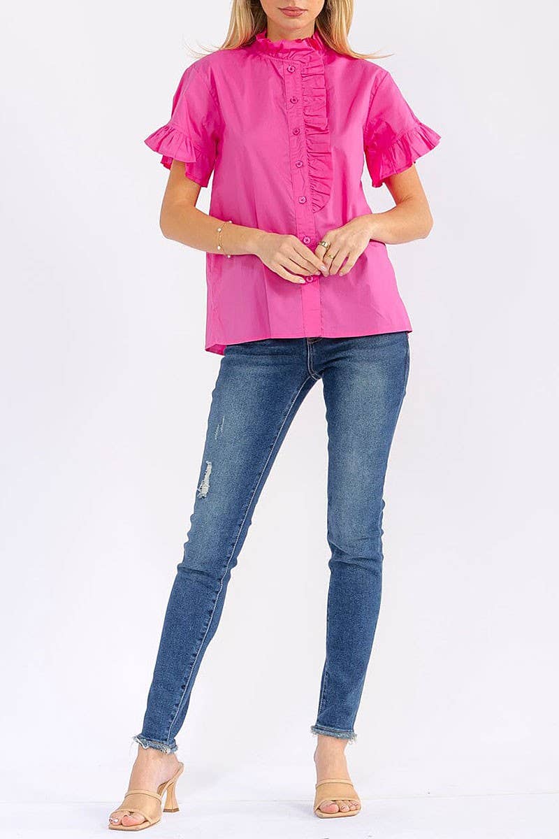 SHORT SLEEVE V-NECK RUFFLE BLOUSE