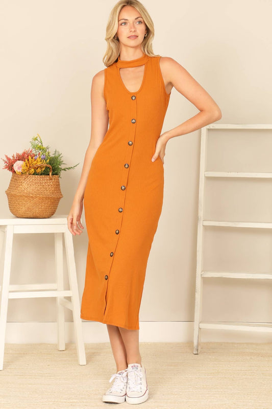 Sleeveless Open Front Halter Neck Button Down Solid Dress