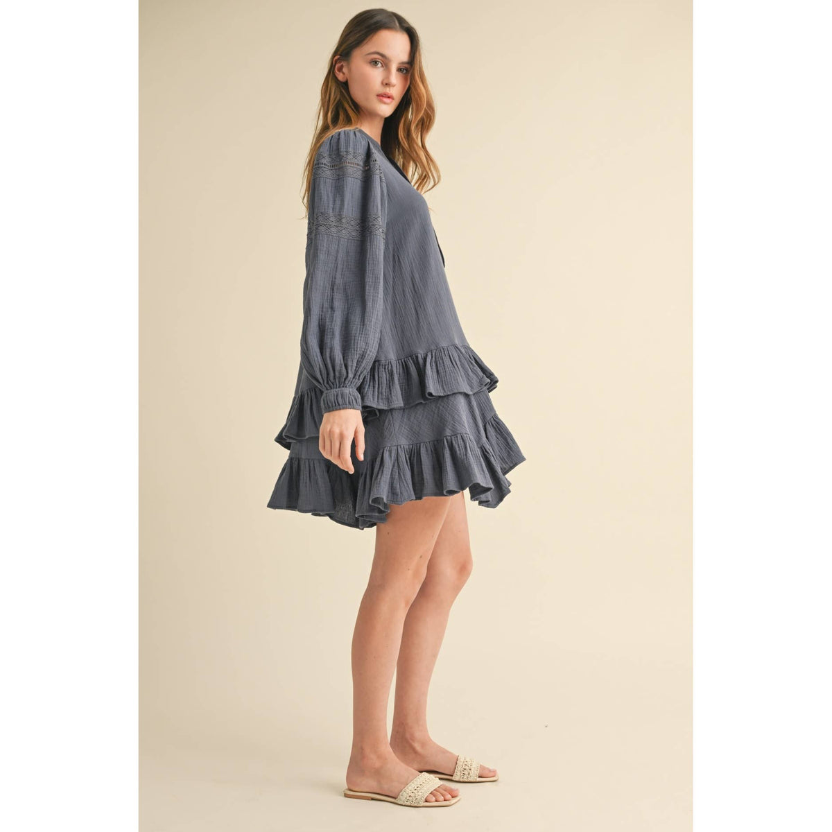 Indigo Blue LONG SLEEVE RUFFLE MINI DRESS