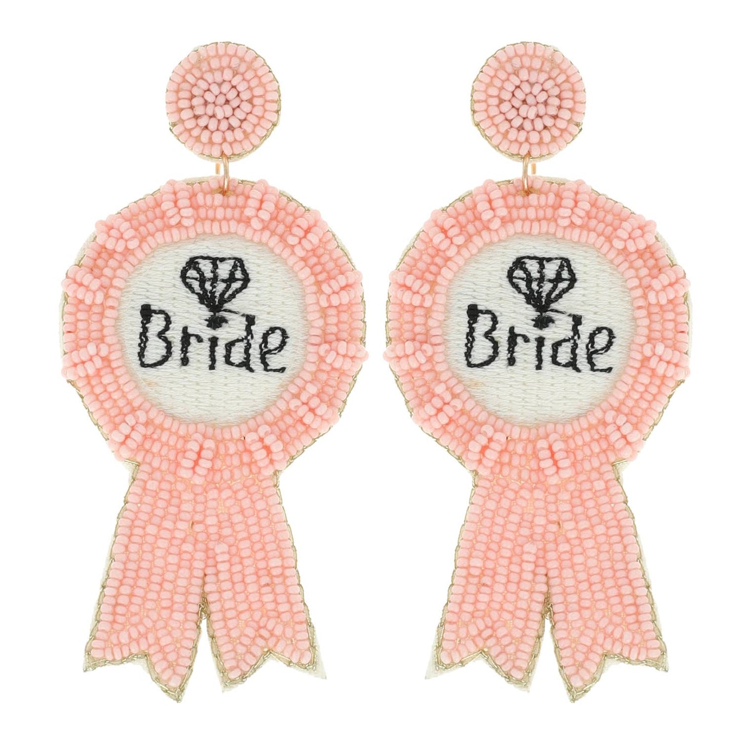 Embroidered "Bride" Beaded Ribbon Dangle Earrings