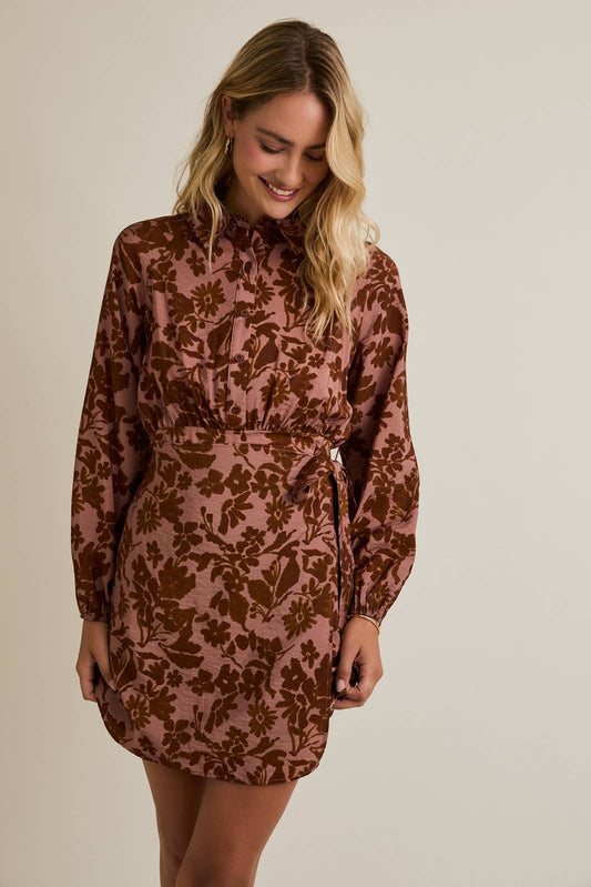 COLLAR BUTTON UP LONG SLEEVE WAIST TIE FLORAL MINI DRESS