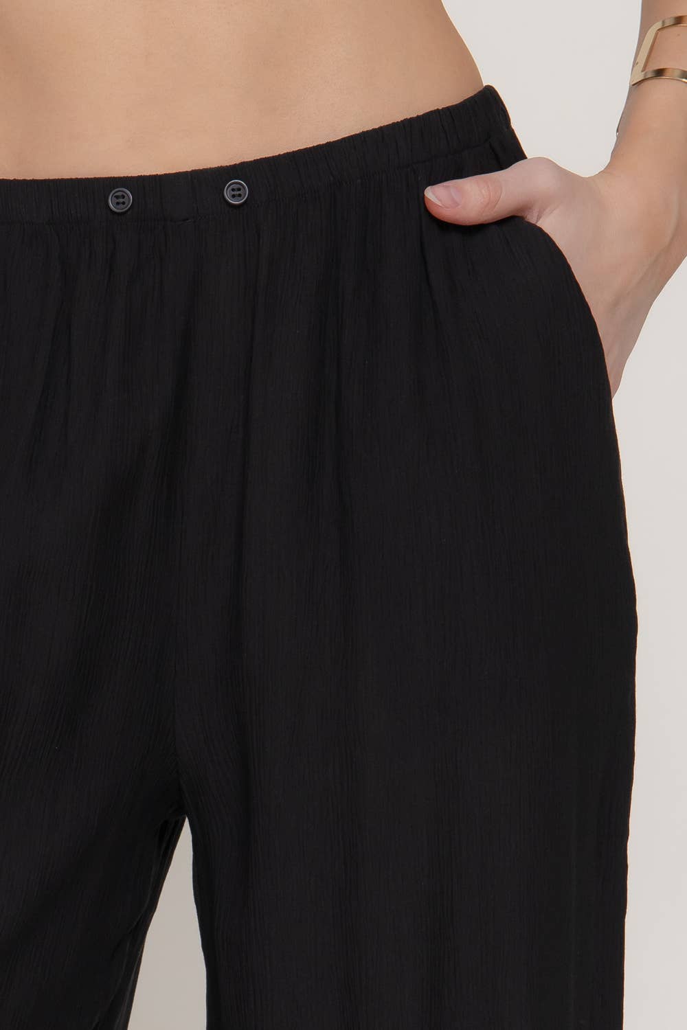Elastic Waistband Crinkle Woven Long Pants