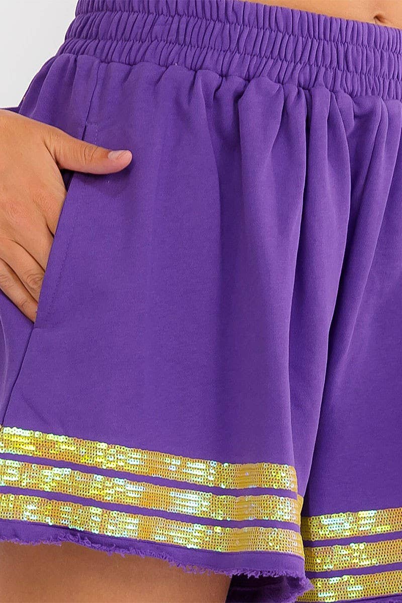 ELASTIC WAIST POCKETS SEQUINS TRIM SHORTS