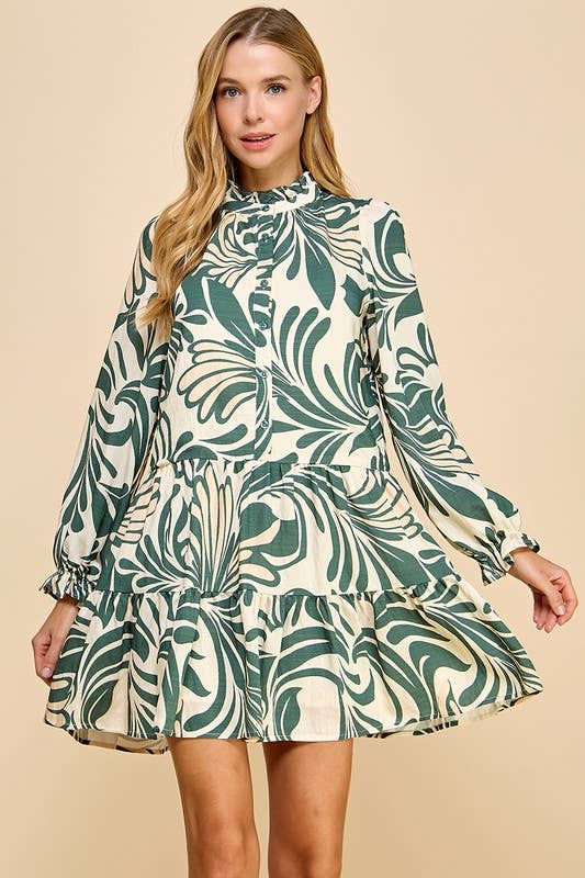 Printed Long Sleeve Dress ~ OLIVE