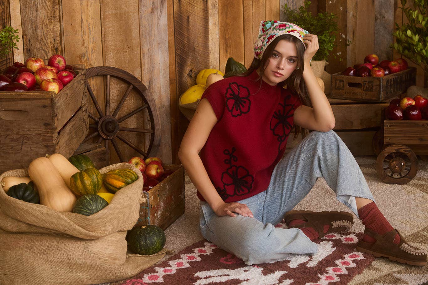 MOCK NECK CONTRAST FLORAL TRIM KNIT SWEATER