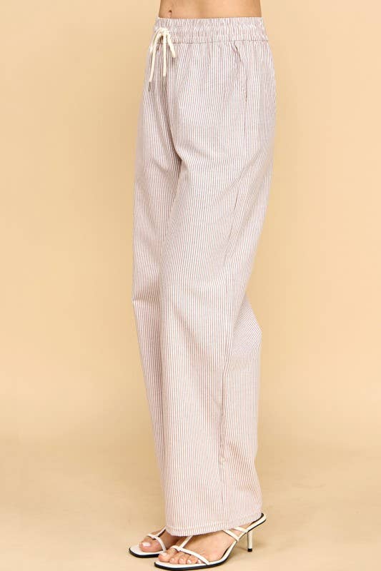 STRIPED DRAWSTRING STRAIGHT PANTS ~ Mocha