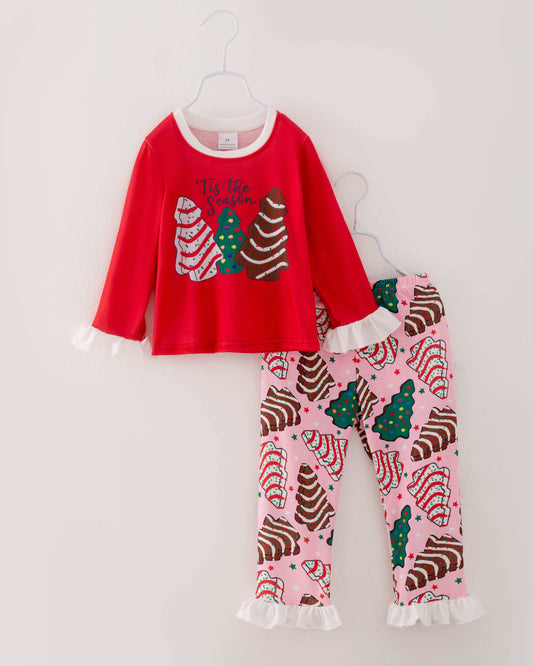 Christmas Tree Cookies Ruffle Girl Pajamas Sleepwear Set