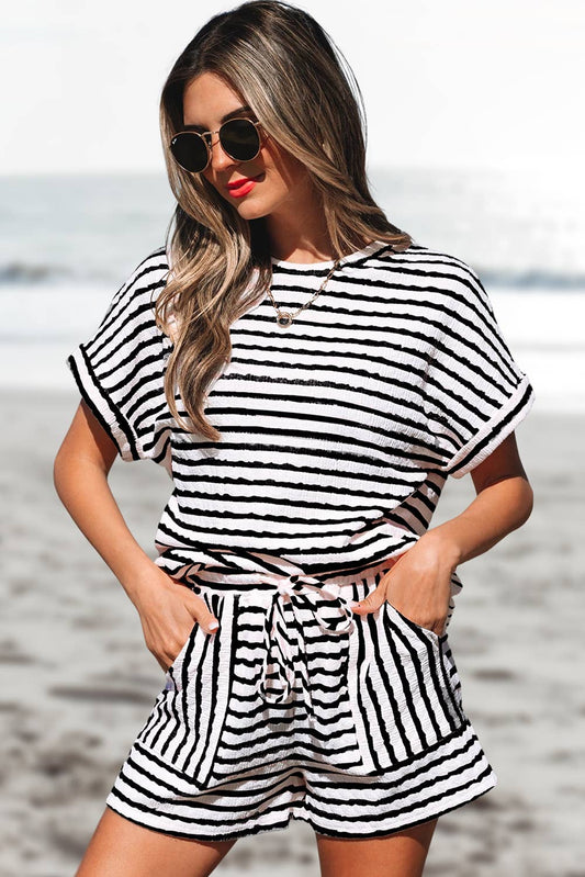 Black Stripe Knitted Top and Drawstring Shorts Set