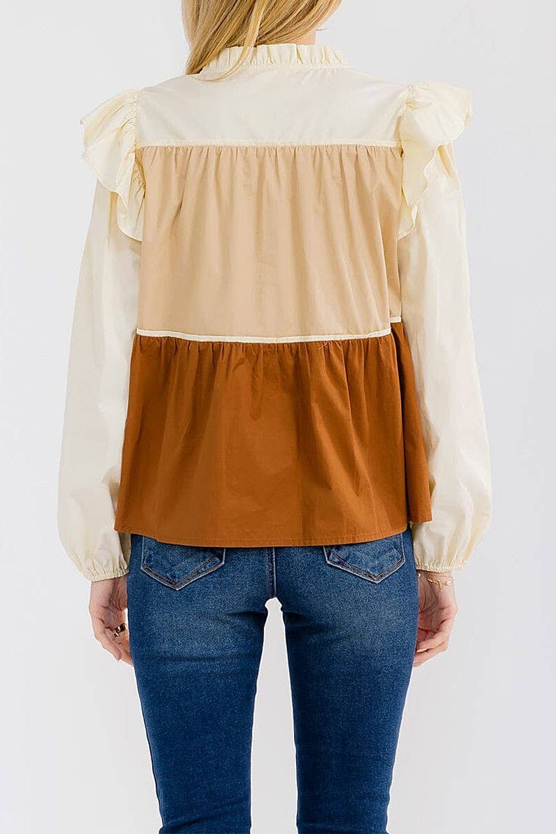 LONG SLEEVE V-NECK TIERED COLORBLOCK BLOUSE