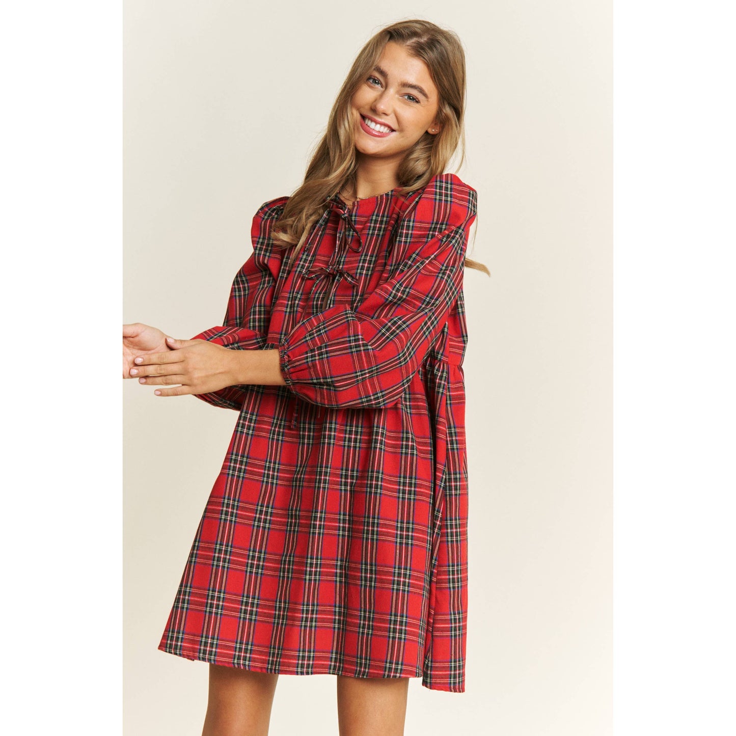 SOFT PLAID WOVEN FABRIC BABYDOLL BOW MINI DRESS