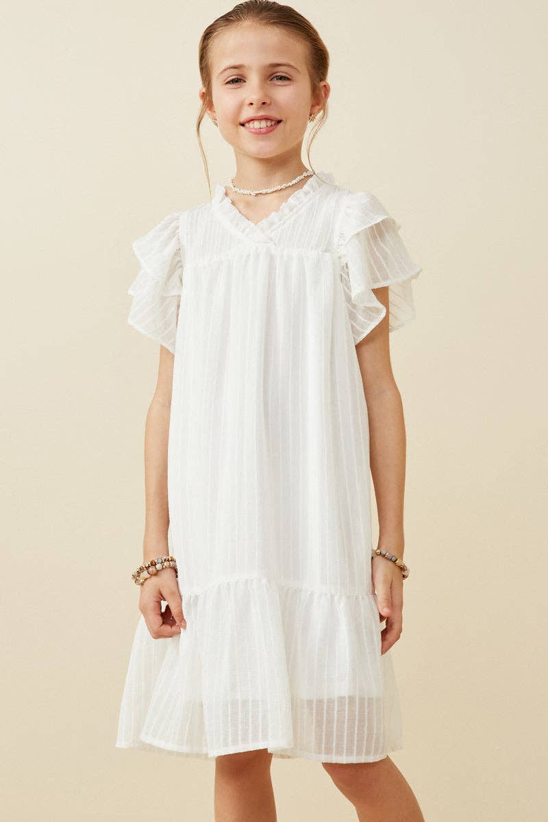 Girls Texture Striped Ruffle Sleeve V Neck Dress